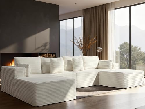 Image of 138 inch Cloud Sectional Couch, Comfort U Shaped Boneless Couch for Living Room, Extra Deep Seats No Assembly, Minimalist Modular Sofa, Corduroy (Cream, 3 Seater+Left Facing Chaise+Ottoman)