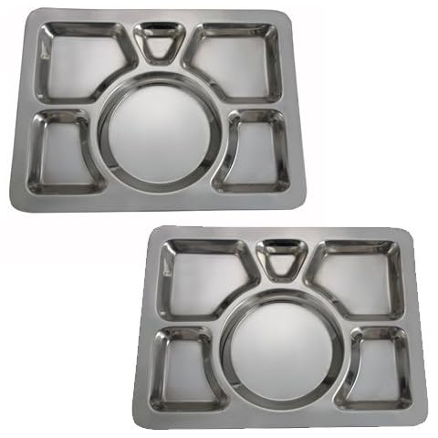 W & P Trading Co. SET OF 2-6 Compartment Cafeteria Food Tray, Cafeteria Eating Mess Tray - Stainless Steel Cover