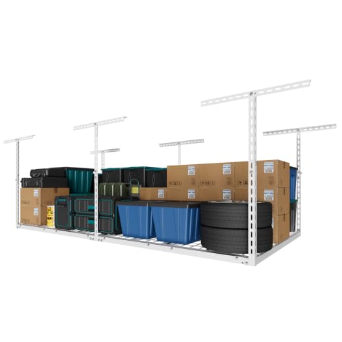 Image of Jusgym 4X8FT Overhead Garage Storage Rack, 26 inch-40 inch Height Adjustable Garage Ceiling Storage Racks, Heavy Duty Metal Overhead Storage Organizer System, 750LBS Weight Capacity, White
