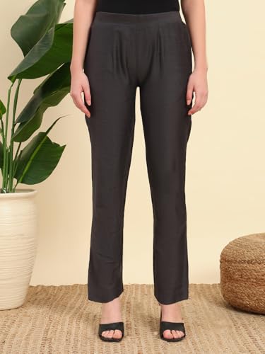 Image of Vogaan Women's Cotton Silk Pant | Half-Elasticated Waist Slim Fit Trouser for Women | Casual Pocket Pants for Office Formal Daily Use