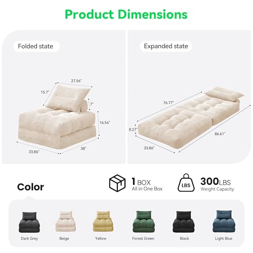 Image of MONVANE Folding Sofa Bed, 3-in-1 Convertible Sleeper Chair Bed, Fold Out Floor Futon Chair with Pillow, Single Couch for Small Spaces, Living Room, Guest Room, Beige
