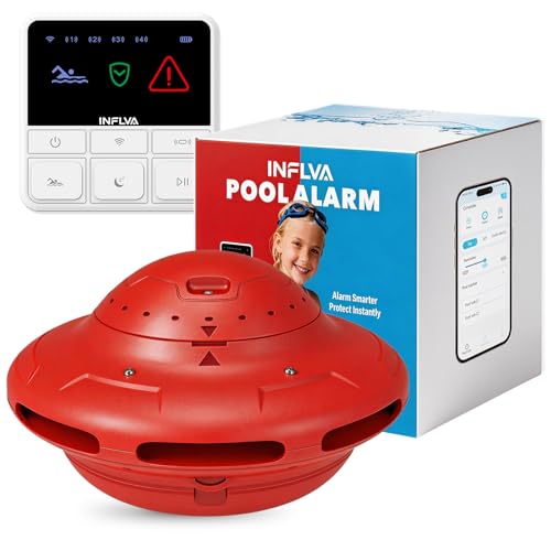 INFLVA Smart Pool Alarm with App Connectivity | Real-Time Phone Alerts & Adjustable Sensitivity | LED Status Monitoring | for Inground & Above Ground Pools | Housewarming Gift Pool Owners Red