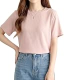 [Fiorior] 【優しい着心地】 tシャツ レディース リブ 半袖 カットソー 【中厚のしっかり生地】 カジュアル 無地 クルーネック 丸首 シンプル 夏 ティーシャツ かわいい トップス [ 透けにくい ] ピンク XL