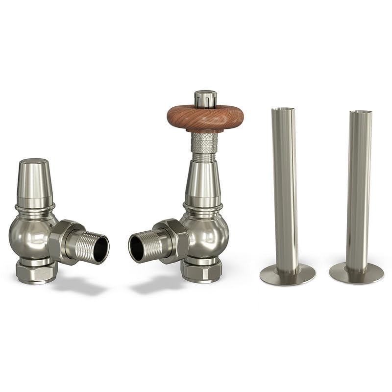 UK Radiators Silver Nickel Thermostatic Radiator Valves and Angled Lockshield Valve - Brushed Silver Nickel Finish - Traditional Design 1/2" x 15mm Angled Radiator Valves with 130mm Pipe Sleeves