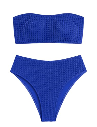 ZAFUL Women's High Cut Bandeau Bikini Set Strapless Solid Color 2 Pieces Bathing Suit Swimsuit