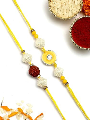 Image of Karatcart Set of 2 Yellow Evil Eye & Rudraksha Handmade Kundan Rakhi for Brother with Roli & Chawal