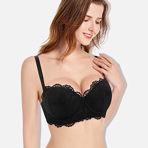 Lingesxy Strapless Push Up Balconette Convertible Lace Padded Multiway Underwire Bra With Clear Straps Add 2 Cups #TOP2