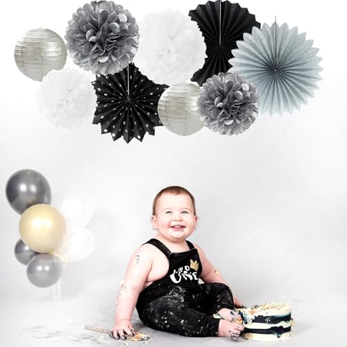 Image of Black White Silver Party Decorations - 20pcs New Year Men Birthday Paper Lanterns Fans,Tissue Pom Poms,Honeycomb Balls,Bunting,Wedding Bachelorette Bridal Graduation Baby Decor Burgleda