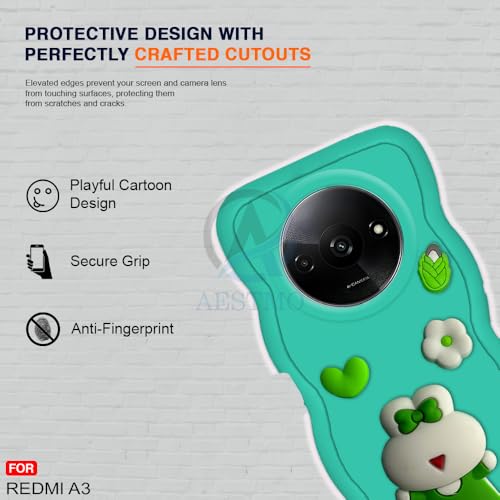 Image of AESTMO Back Case Cover for Redmi A3 | 3D Cute Fun Cartoon Characters | Anti Slip Grip Cute Wave Curly Frame Shape | Full Body Protection Back Cover for Redmi A3 |(Mint Green)