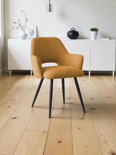 Image of Finch Fox Motel Luxurious Home Collection Upholstery Fabric Arm Dining Room Chairs in Mustard Color with Black Metal Powder Coated Legs (Set of 4)