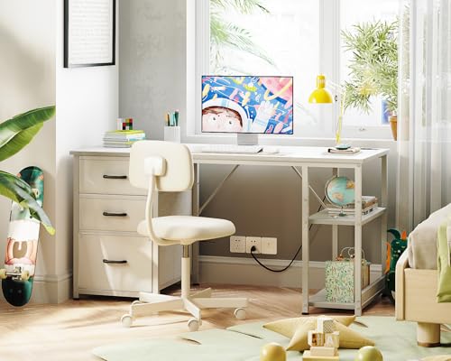 AODK 51 Inch Computer Desk with File Drawers & USB Power Outlets - Reversible Home Office Desk with Storage Shelves, Work from Home, Modern Work/Writing/Study Table for Bedroom, White