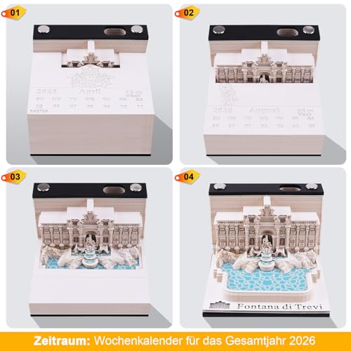 3D-Wochenkalender 2026 - Trevi-Brunnen Rom | Dein persönlicher Bastelkalender mit integriertem 3D-Architektur-Papiermodell | Kreative Schreibtischdekoration & exklusive individuelle Dekofigur