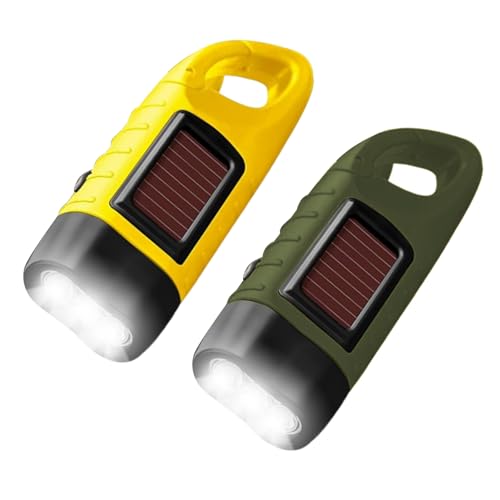 VINSPIRE Wind Up Torch, LED Solar Super Bright Emergency with Carabiner Hook, Portable Camping Torch for Outdoor, Camping, Hiking, Survival Gear（2-Pack Yellow and Army Green [Energy Class A]