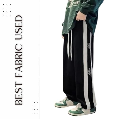 Image of MiraMichi Men's Black Trackpants with Sleek White Stripes - Sporty and Modern Casual Workout Pants