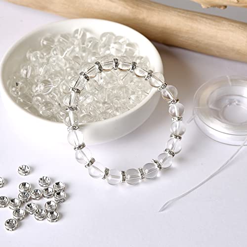 120pcs 8mm Clear Quartz Crystal Gemstone Beads for Jewelry Making with Crystal Stretch Cord Spacer Beads