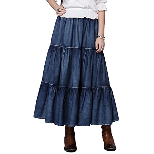 BXCNCKD Women's Tiered A-Line Denim Prairie Skirt Denim Articulated Hem Long Skirt Retro Denim Skirt
