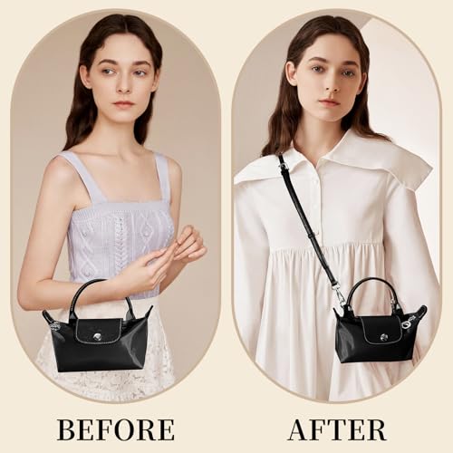 Image of Purse Straps Replacement Kit for Longchamp Mini Bags, Shoulder Crossbody Straps for Mini Pouch, Leather Crossbody Bag Strap Kit for Women Longchamp Handbag (Silver Black)