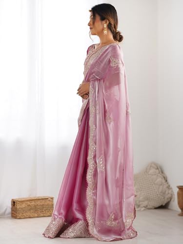 Image of Satrani Women's Tissue Silk Sequin Embroidery Scalloped Border Saree with Unstitched Blouse Piece