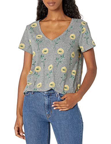 Lucky Brand Women's Short Sleeve V Neck Printed Essential Tee, Heather Grey Multi, M
