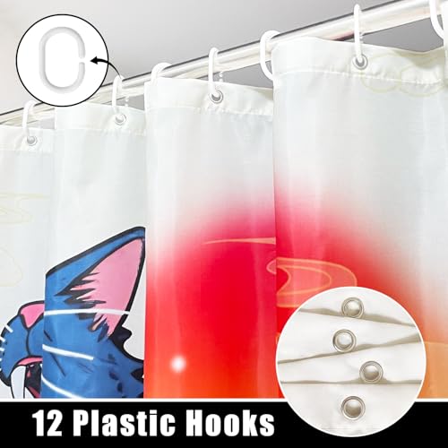 Image of Funny Blue Cat Monster Shower Curtain Set, Japanese Anime Sunset Ocean Waves Home Bathroom Decor, Polyester Cloth Fabric Bath Curtain with 12 Hooks 72 inch W x 72 inch L