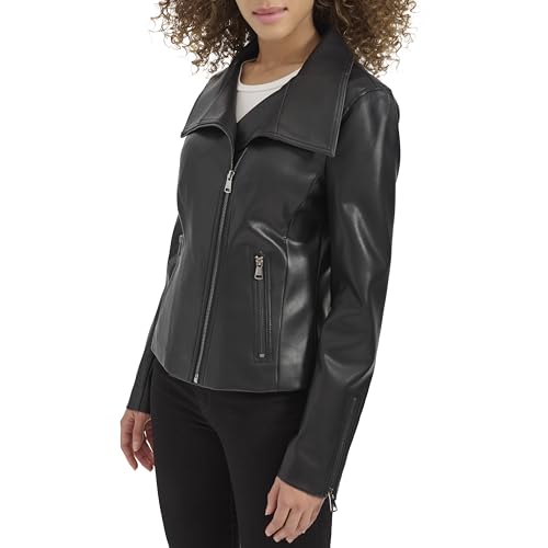 Kenneth Cole Womens Faux Leather Zip Jacket With Envelope Collar3