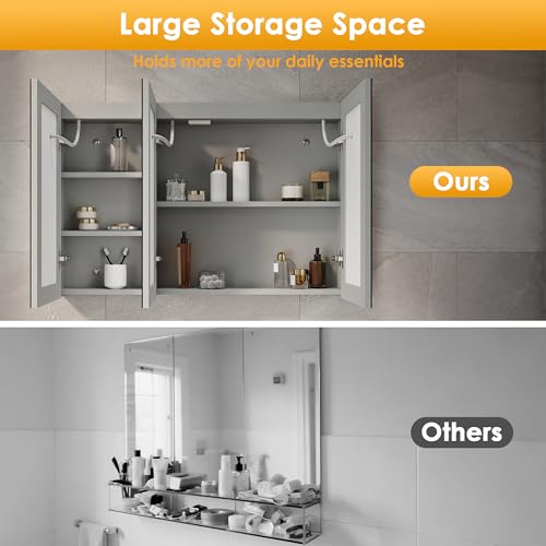 ELEGANT Bathroom Mirror Cabinet with LED Lights, Wall Mounted Cabinets Fully Assembled, 900x600mm Triple Door Mirror Cabinet with 3 Colors Dimmable, Anti-fog and Shaver Socket, Grey - Cosy Home Interiors ELEGANT Bathroom Mirror Cabinet with LED Lights, Wall Mounted Cabinets Fully Assembled, 900x600mm Triple Door Mirror Cabinet with 3 Colors Dimmable, Anti-fog and Shaver Socket, Grey - Image 4