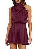 BTFBM Women's Mock Neck Satin Summer Romper Sleeveless Elastic Waist Casual Beach Party One Piece Short Jumpsuit Rompers(Solid Wine Red, XX-Large)