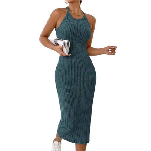 Image of Jersey Dresses for Women UK Summer Halter Neck Sleeveless Maxi Dress Ladies Casual Beach Holiday Boho Knitted Sundress Comfy Solid Color Ribbed Knit Jumper Dresses Backless Slim Fit Sexy Bodycon