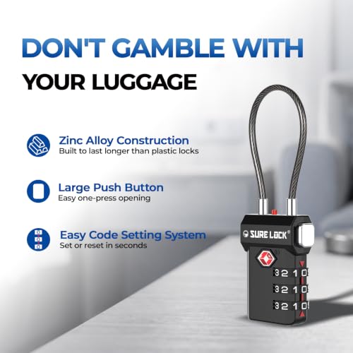 Image of SURE LOCK TSA Compatible Travel Luggage Locks, Inspection Indicator, Easy Read Dials (BLACK 4 PACK)