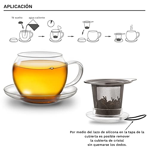 Creano Taza de té Jumbo con asa y colador de acero inoxidable integrado, tapa de cristal y platillo | 450ml Transparente… - Imagen 5