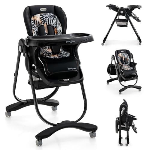 Image of BABY JOY Foldable High Chair with Adjustable Height, Recline & Footrest, Double Removable Tray, Storage Basket, Portable High Chair with Wheels for Babies & Toddlers (Black)