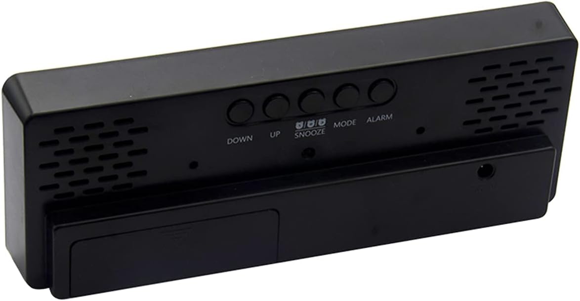 వెనుకకు view of the clock showing the battery compartment and control buttons: DOWN, UP, SNOOZE, MODE, ALARM.