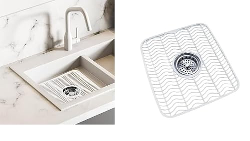 Dependable Industries Inc. Essentials 2 Pack Plastic Sink Protector Mat with Center Drain Cutout Protect Sink and Glasses and Dishes from Scratches and Breaks 12" x 11" Off White (White)