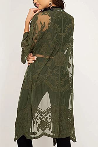Kimono de encaje verde estilo cárdigan largo calado con caída ligera fluida 4