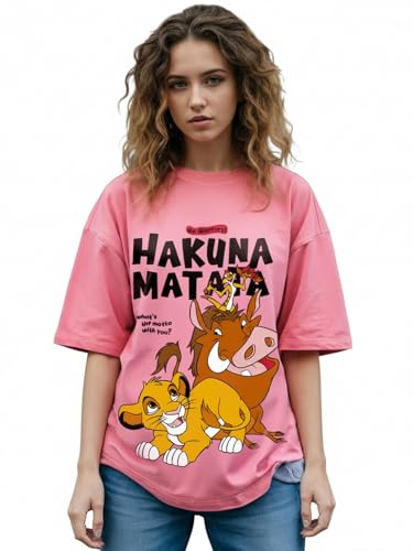 Image of Bewakoof X Disney Hakuna Matata Women's Cotton Graphic Print Oversized Fit Half Sleeve Round Neck T-Shirt | Casual wear | Streetwear | Oversized Tshirt for Woman Cotton| Baggy