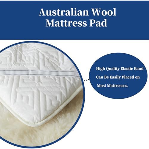 Premium 100% Wool Fleece Mattress Pad Cover with Elastic Bands - Breathable Pure Lamb Wool Topper, Thick Soft Bedding for Twin, Full, Queen, King (Queen, White)