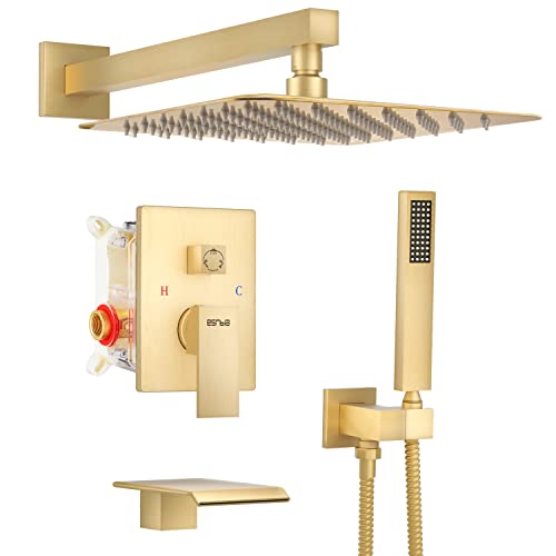 Esnbia sistema de ducha para bañera acabado oro cepillado, cabezal de ducha de lluvia y mano de 10 pulgadas, montaje en pared, color dorado miniatura 1