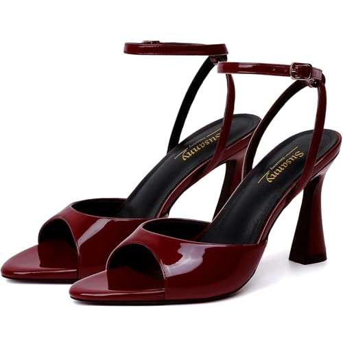 Susanny Burgundy Heels for Women Pointed Open Toe Strappy Chunky Block...