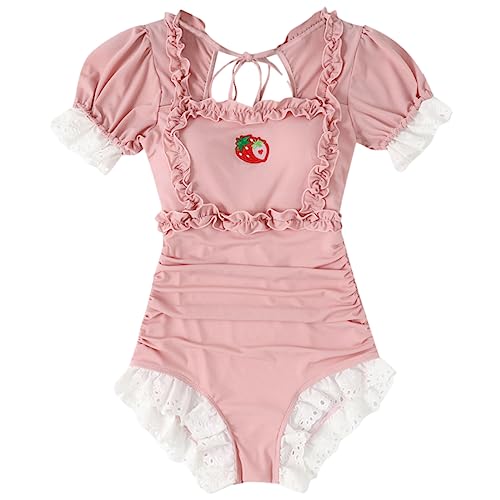 One Piece Swimsuit Women Teens Tummy Control Short Sleeve Kawaii Strawberry Vintage Ruffle Ruched Bathing Suit2