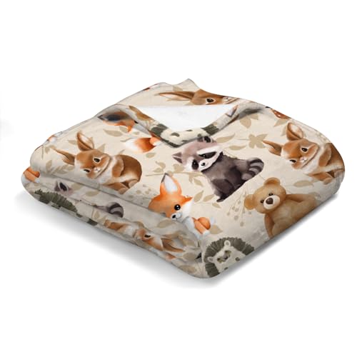 Image of Cute Animals Baby Blanket for Boys Girls Cute Bear Raccoon Deer Rabbit Hedgehog Retro Floral Flannel Swaddle Blanket Soft Receiving Blankets Nursery Toddler Newborn Daycare Bed Blankets 60x80