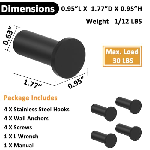 SAYAYO Modern Black Coat Hooks Wall Mounted, Towel Hooks for Bathrooms Robe Hooks, Heavy Duty Wall Hooks for Hanging, SUS 304 Stainless Steel 4 Packs - Thumbnail 2
