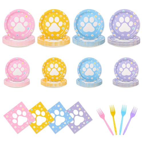 Cilifay 192pcs Dog Paw Paper Plates Napkins Forks Serve 48,Pink