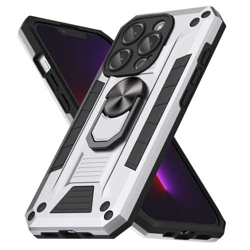oakxco for iPhone 13 Pro Case with Magnetic Ring Stand Holder, Rugged Grip Military-Grade Proof Camera Protection Phone Case with Kickstand, Heavy Duty Hard Shell Cover for Men Women, Silver White