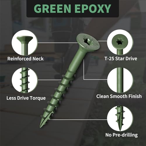 Image of Wood Screws 1-5 /8 Inch, FIXLINK Deck Screws #8 x 1-5 /8 inch, 100 PCS, Epoxy Coated, T25 Star Bit Above 1500 Hour Salt Spray Coating Outdoor Decking Screws Excellent Rust Resistant for Wood Fence, Green