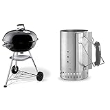Weber 1321004 Holzkohlegrill Compact Kettle, Durchmesser 57 cm, Schwarz, Kugelgrill & 7416 Anzündkamin Rapidfire, Grillen mit Kohle, Anzünden
