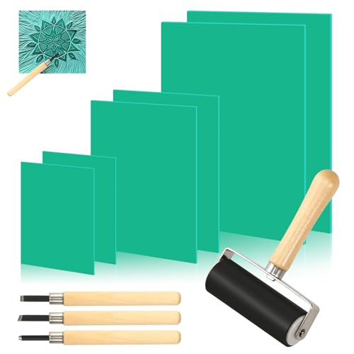 10 PCS Lino Printing Kit Including 6 PCS A4 A5 A6 Lino Sheets 3 Lino Cutting Tools 1 Lino Roller Lino Cutting and Printing Kit for Printmaking Lino Printing Art and Craft