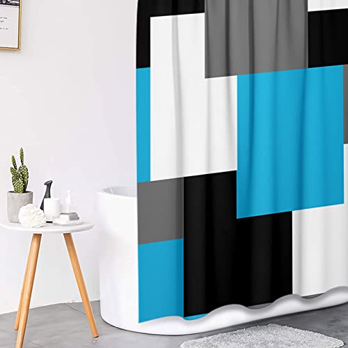 Tayney Blue Geometric Shower Curtain Set With Toilet Lid Cover And Non-Slip Rugs, Black White Grey Checkered 4 Pcs Modern Abstract Shower Curtain For Bathroom Set With 12 Hooks #TOP3