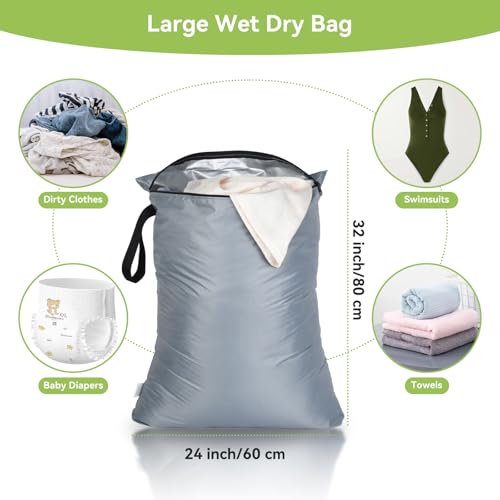 OTraki 2Pcs Exlarge Wet Bag 24x32 inch Reusable Waterproof Wet Dry Bag with Zipper Handle Wet Clothes Washable Laundry Bag for Travel Swimsuit Beach Drying do not exceed 176℉ Black & Grey