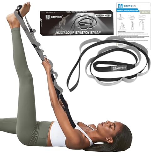 Image of A AZURELIFE Stretch Strap with 11 Loops, Elastic Stretching Strap Band - Stretch Tool for Yoga Physical Therapy, Dance and Pilates, Gymnastics, Hamstring Strength Training with Instruction Guide