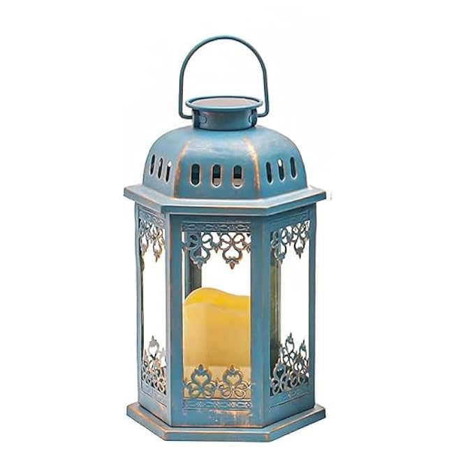 SteadyDoggie Solar Lanterns 2 Pack Blue - Hanging Solar Lights with Flickering Candle LED - Retro Ornate Hanging Lantern with Handle